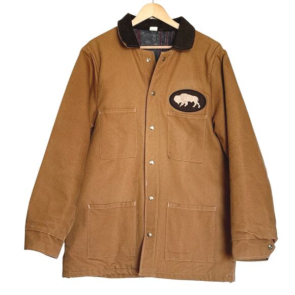 Heavy-Duty Work Jacket Wool Lined, Brown Canvas Carhartt Style Mens L 42-44 EUC - Picture 1 of 9